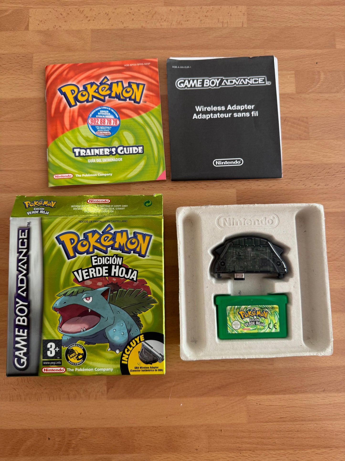 Pokémon Edición Verde Hoja GBA Completo Caja Original + Adaptador Inalámbrico PAL España