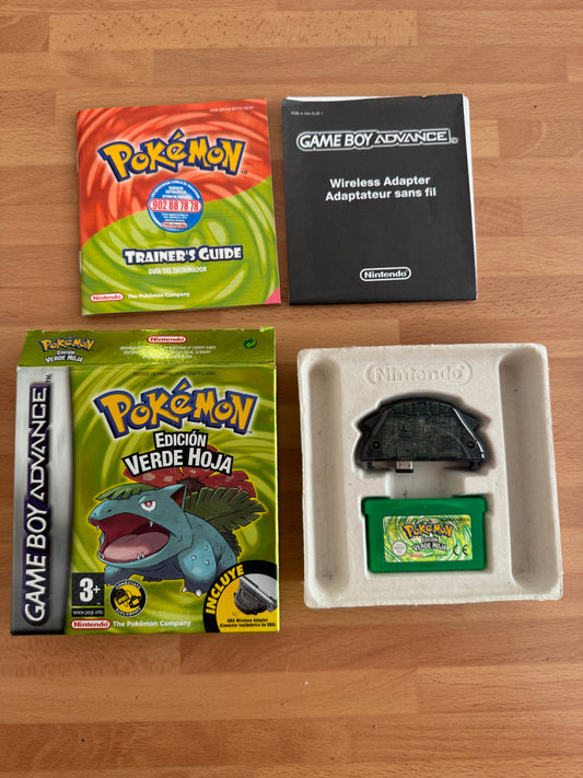 Pokémon Edición Verde Hoja GBA Completo Caja Original + Adaptador Inalámbrico PAL España